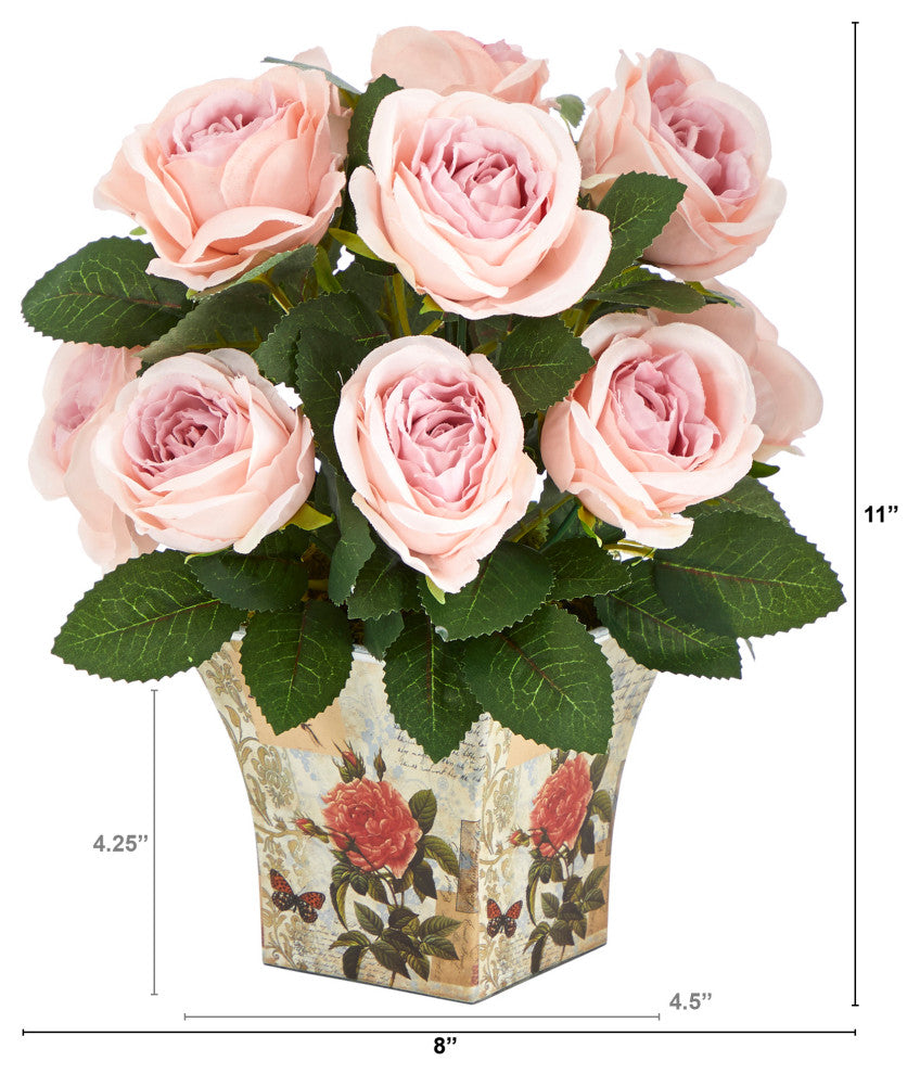 11" Rose Artificial Arrangement, Floral Vase