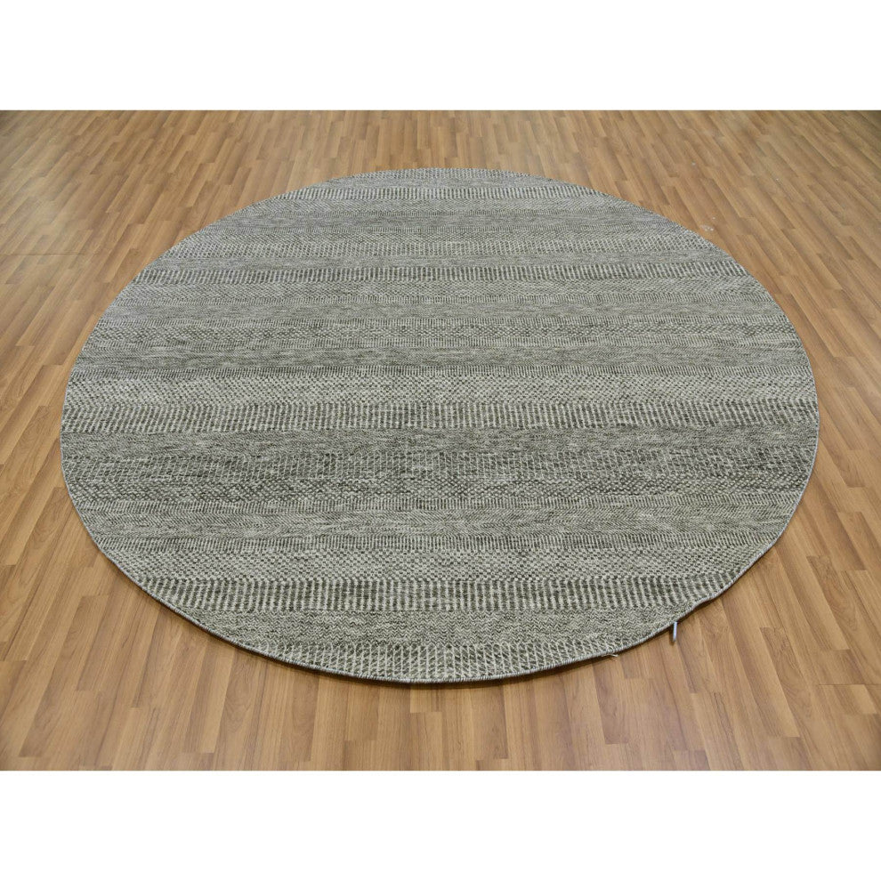 Solid Gray Hand Knotted Undyed Wool Modern Grass Design Round Rug 7'10"x7'10"