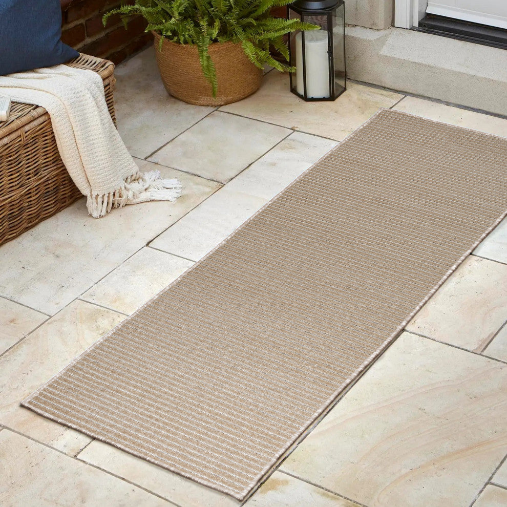 Aarhus High-Low Scandi Striped Beige/Cream 2 ft x 8 ft Indoor/Outdoor Runner Rug