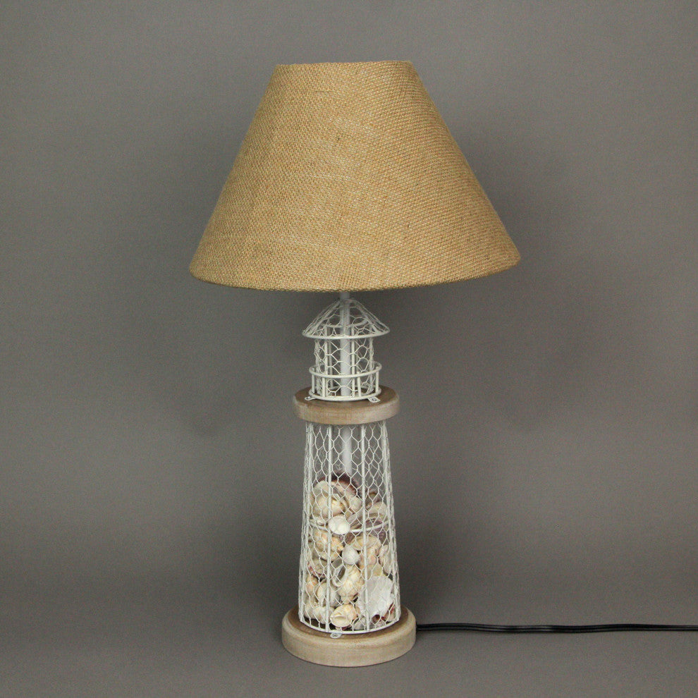 White and Grey Metal Mesh Seashell Filled Lighthouse Table Lamp with Cone Shade