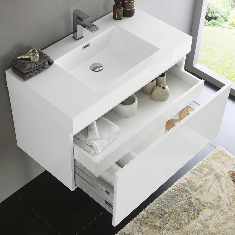 Fresca Mezzo 36" White Wall Hung Cabinet With Integrated Sink