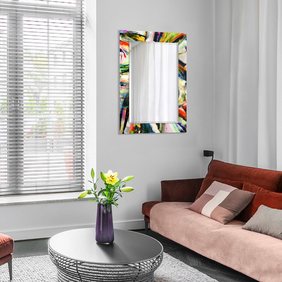 "Rock Star" Beveled Mirror on Printed Abstarct Tempered Art Glass, 40x30"