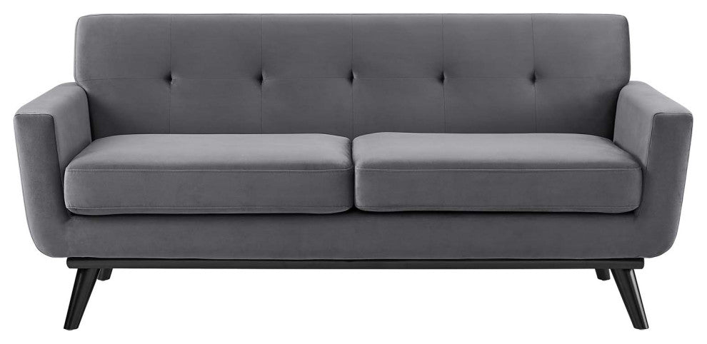Loveseat Sofa, Gray, Velvet, Modern, Mid Century Hotel Lounge Cafe Lobby