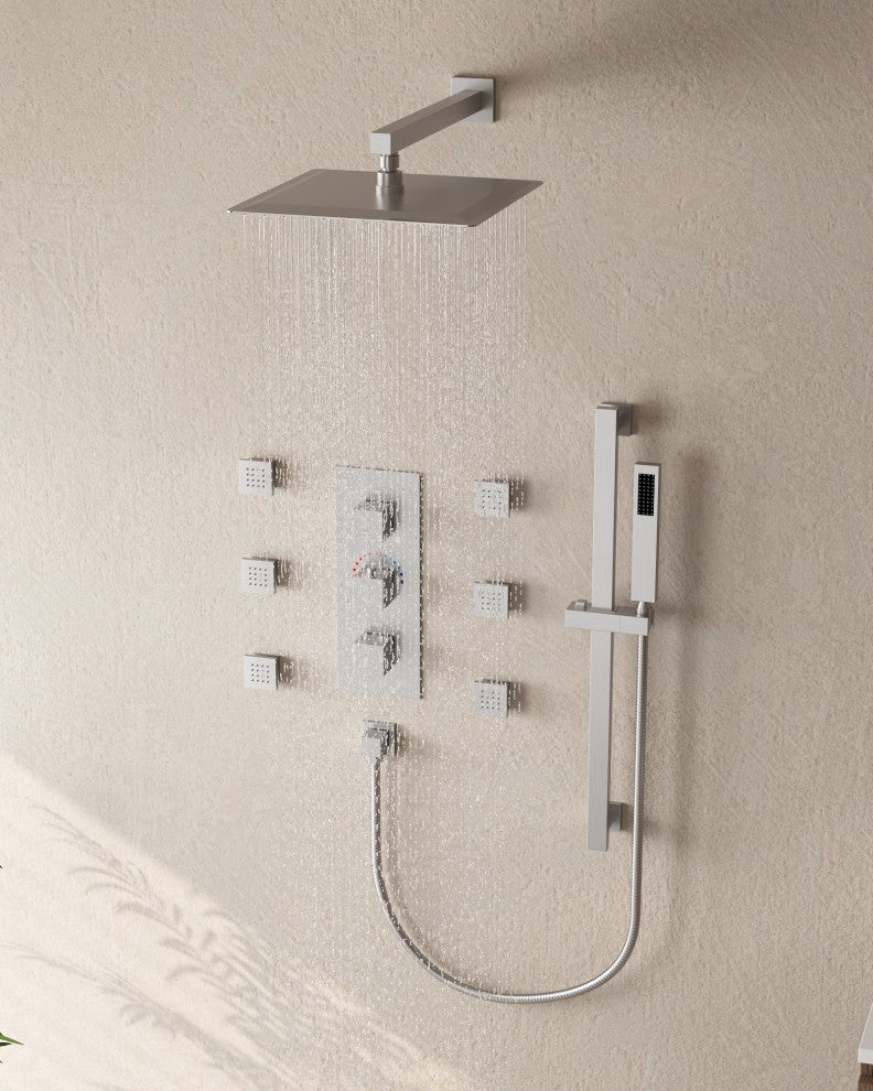 Thermostatic Shower Faucet 12" Rain Shower Head with Handheld Slide Bar System, Brushed Nickel