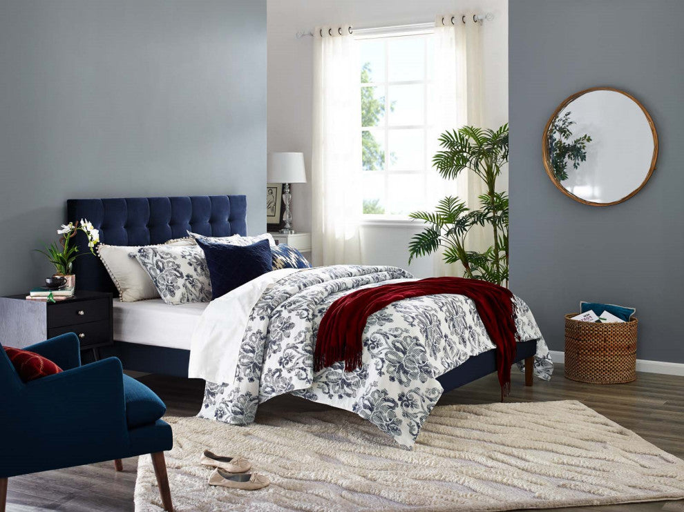 Contemporary Modern King Size Tufted Headboard, Velvet Fabric, Navy Blue