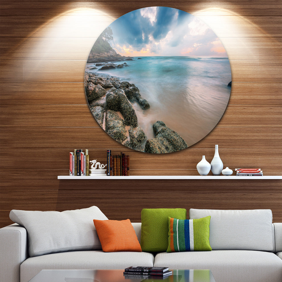 Gloomy Tropical Sunset Beach, Seascape Round Metal Wall Art, 23"