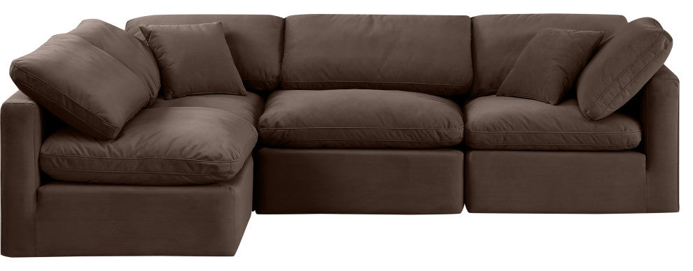 Indulge Upholstered Modular L-Shaped Sectional, Brown, 4-Piece: 2 Armless Chair, 2 Corner Chair, Down Stuffed Velvet