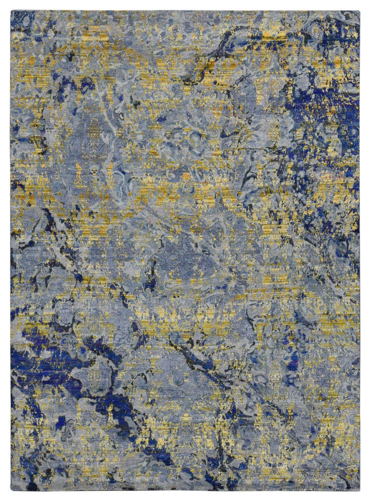 Laguna Yellow, Modern Design, Silk With Wool, Hand Knotted Rug, 8'10"x12'5"