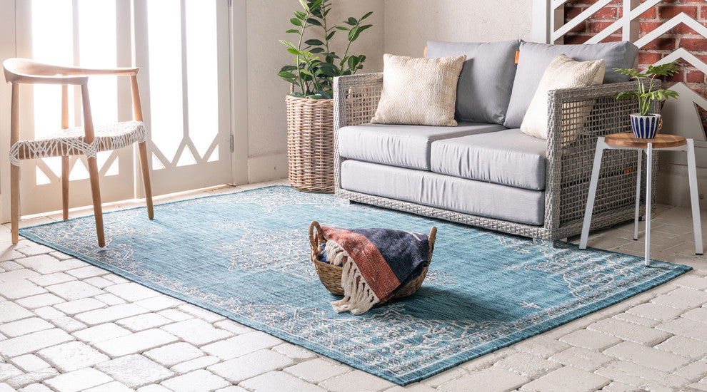 Rug Unique Loom Outdoor Traditional Teal Rectangular 7' 0 x 10' 0