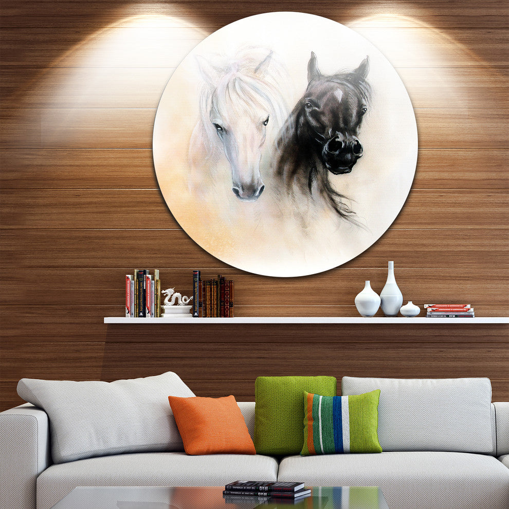Black And White Horse Heads, Animal Round Wall Art, 23"
