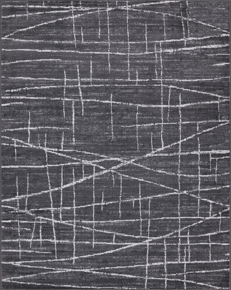 Low-Pile Pierce Charcoal/Ivory Rug, Charcoal, 10'x14'