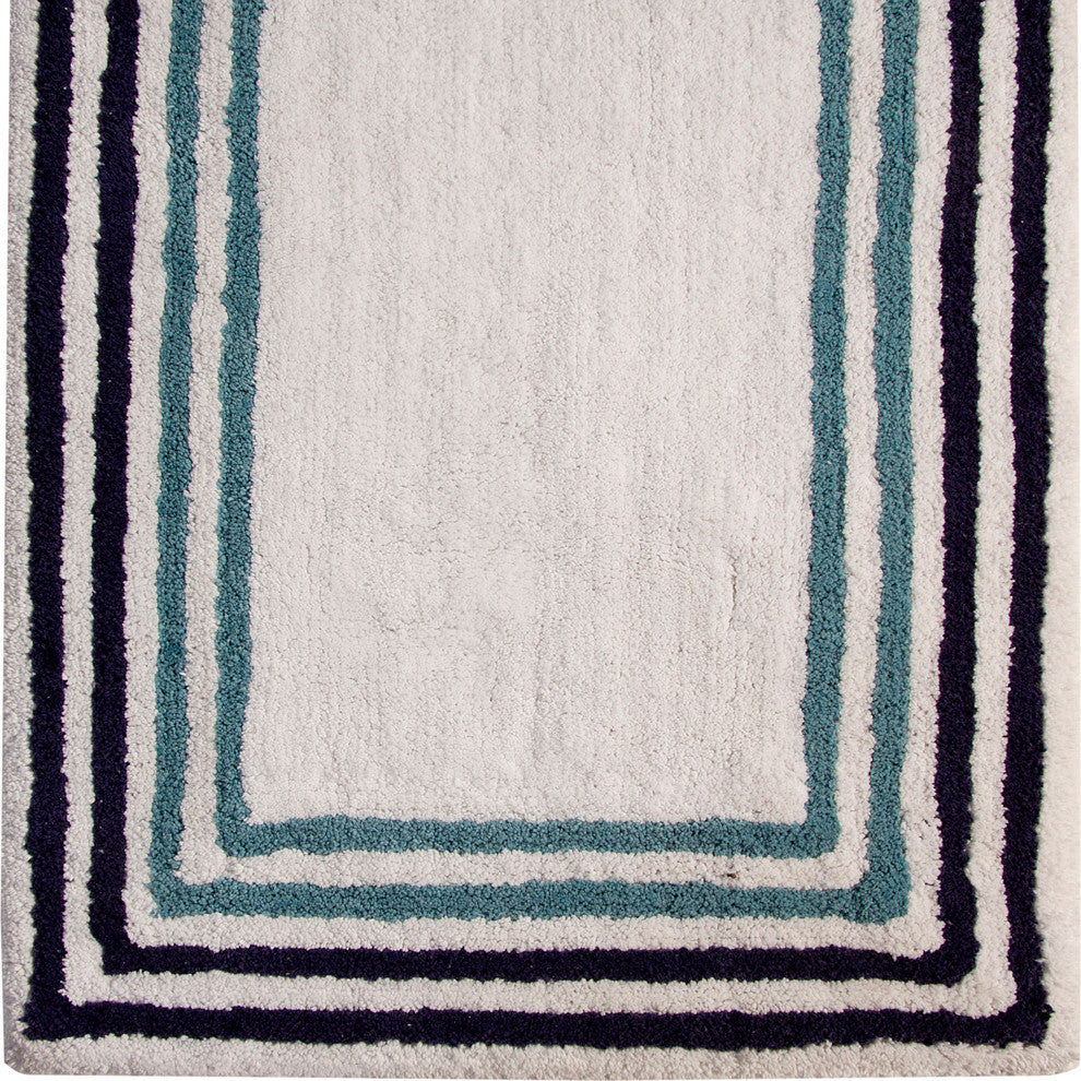 Bath Rug Cotton, 2 Piece Set, 24"x17" and 34"x21", White and Multi Blue