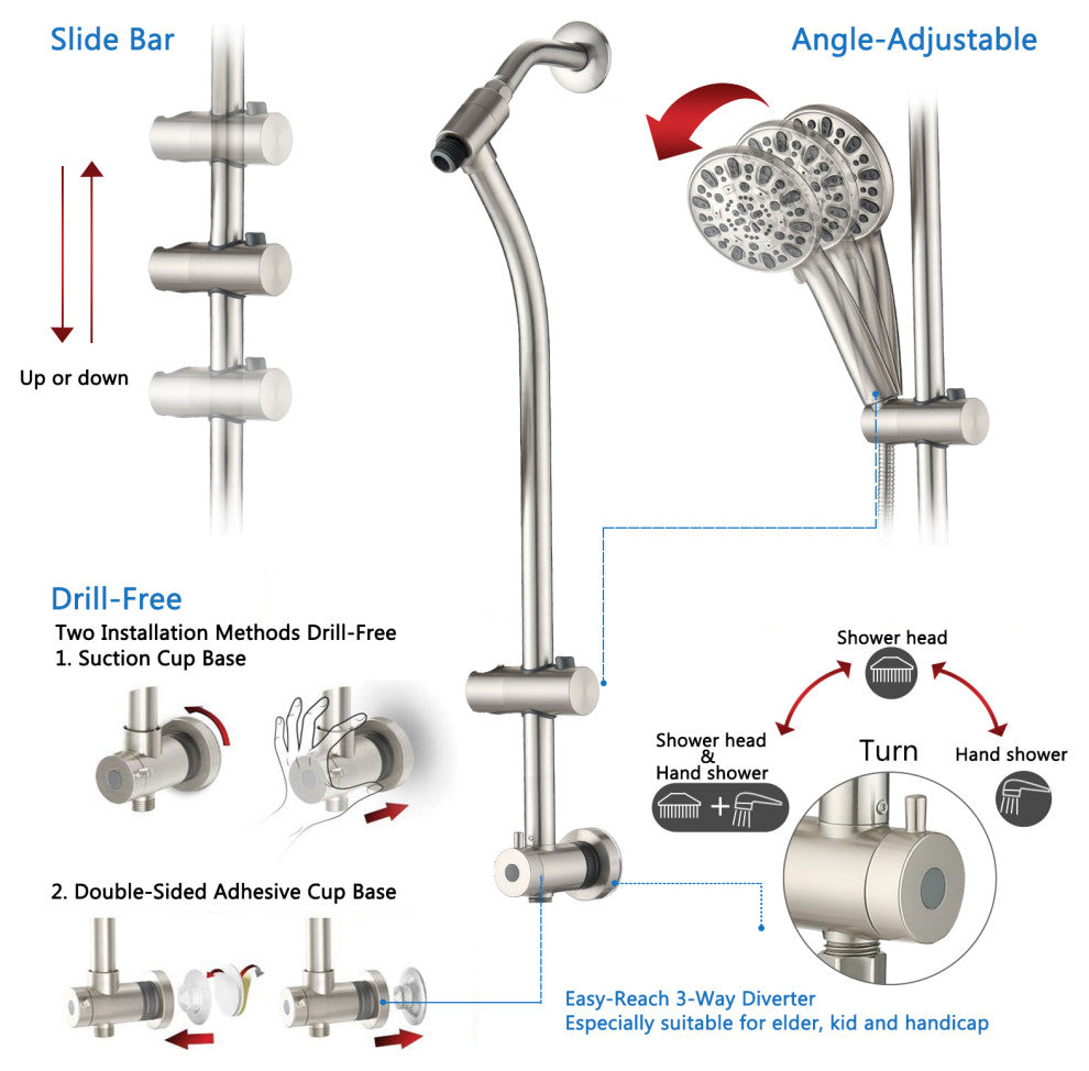 7 Spray Patterns Dual Shower Head with Slide Bar, Brushed Nickel
