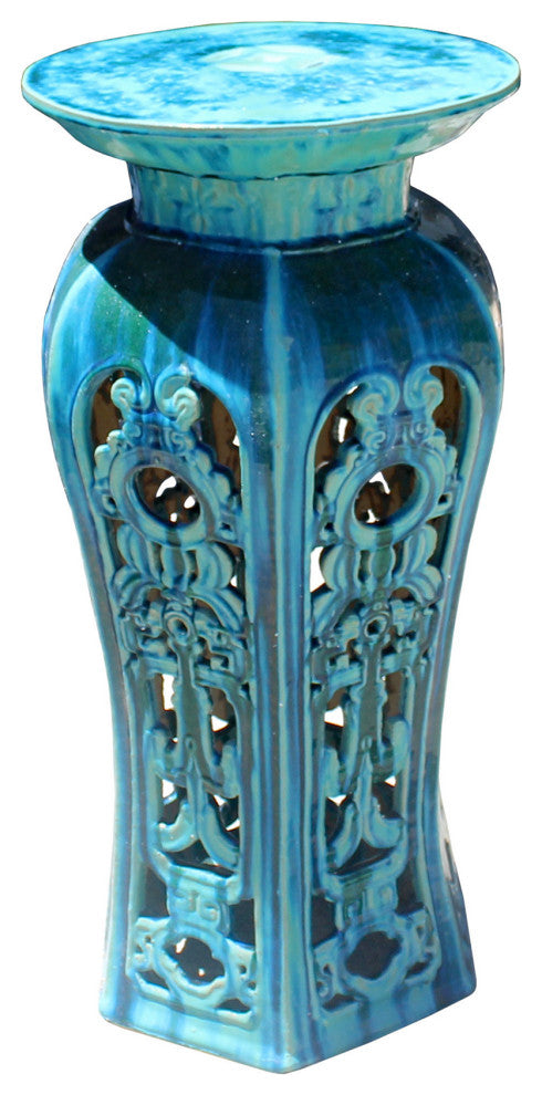 Ceramic Clay Turquoise Round Tall Pedestal Table Flower Display Stand Hcs5830