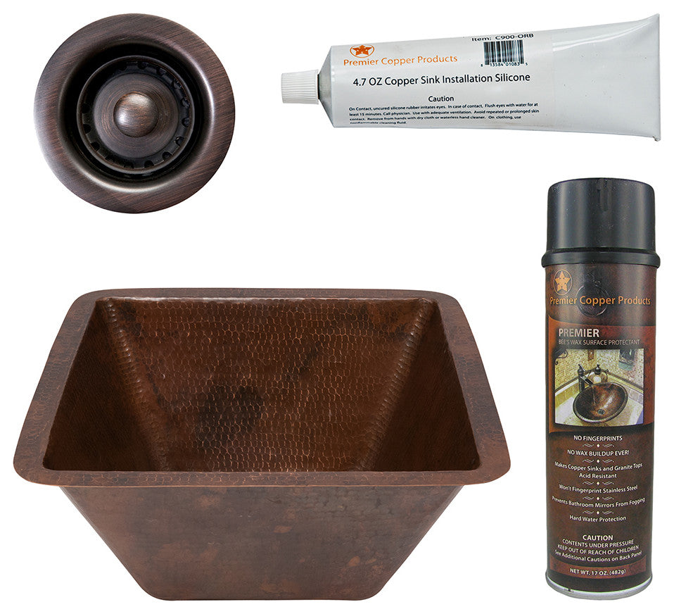 15" Square Hammered Copper Bar/Prep Sink, 2" Drain Opening, Drain & Accessories