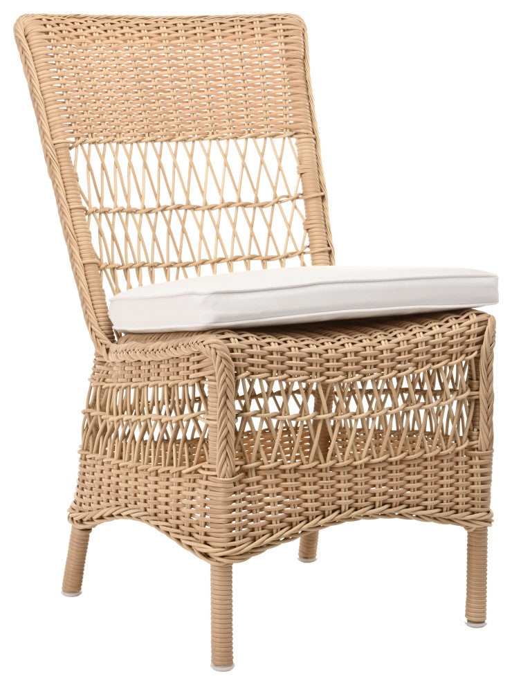 Marie Side Chair With Cushion, Natural Finish, Canvas White Upholstery