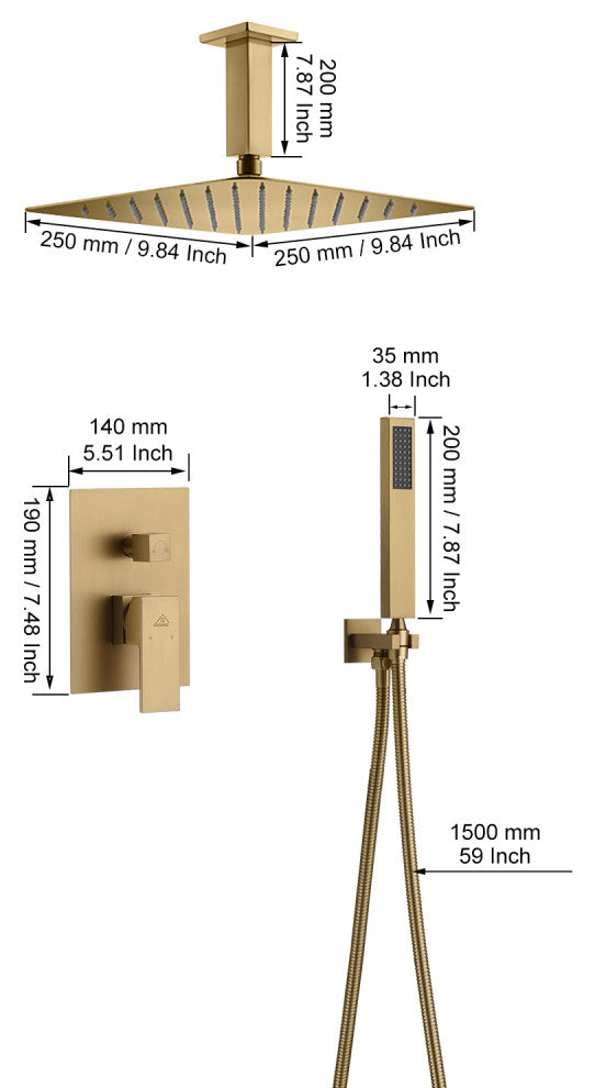 CASAINC 10" Ceiling Mount Dual Rainfall Shower Head Shower System Kit, Brushed Gold