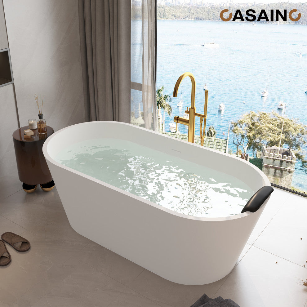 59in White Solid Surface Freestanding Soaking Bathtub with Drain, 67in