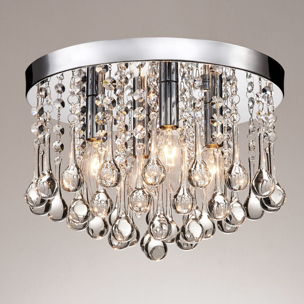 Bella 4-Light Chrome Finish Flush Mount With Clear Crystal Drops
