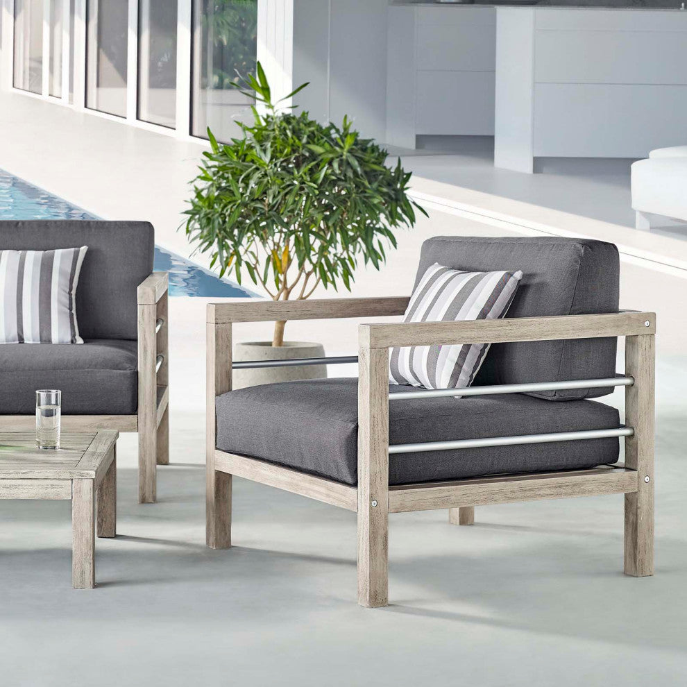 Lounge Chair Armchair, Wood, Gray, Outdoor Patio Balcony Cafe Bistro Garden