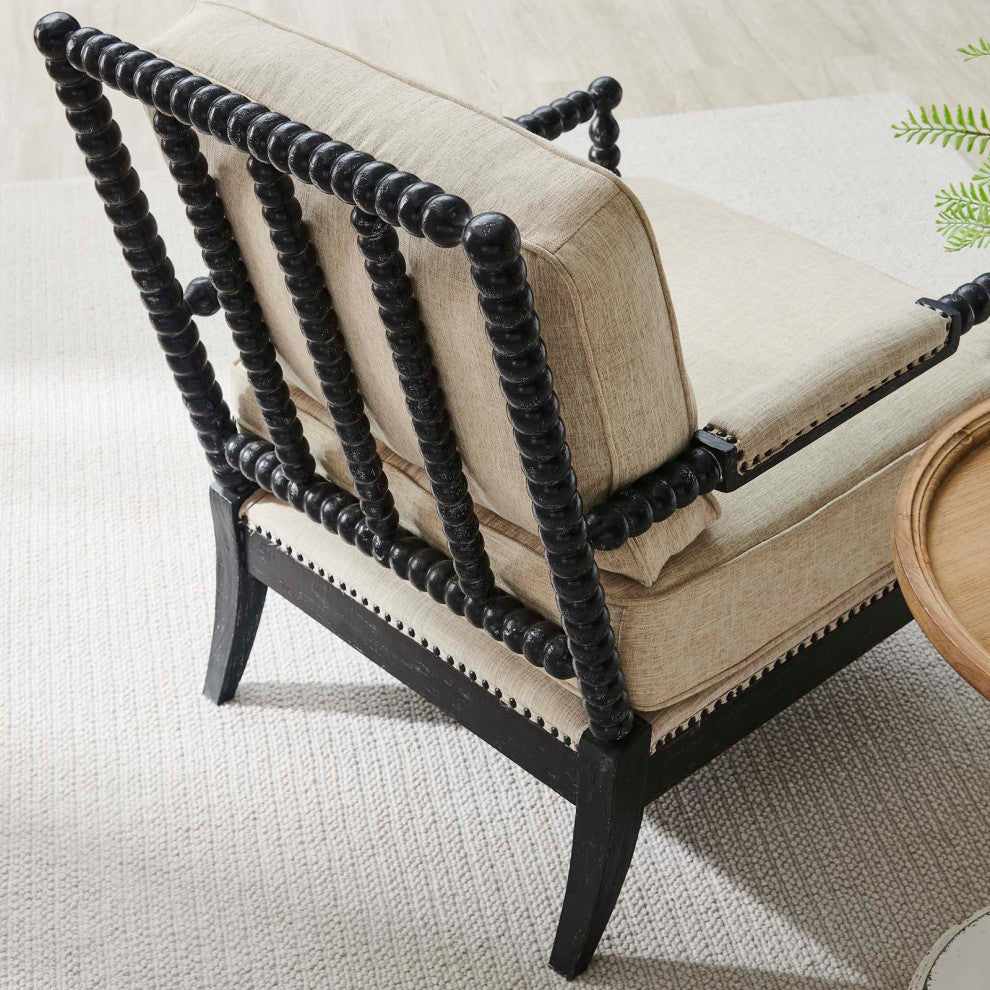 Armchair Accent Chair, Nailhead, Beige Black, Fabric, Modern, Cafe Hospitality