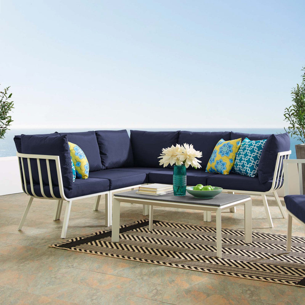 Lounge Sectional Sofa Chair Set, Aluminum, Metal, White Blue Navy, Outdoor