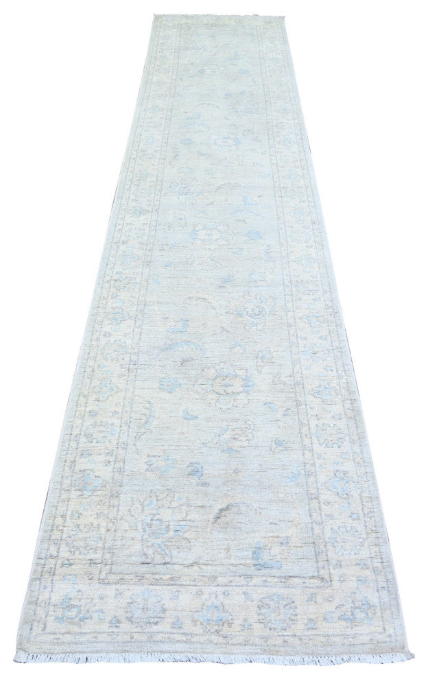 Gray Goose Washed Out Peshawar Wool Hand Knotted Oriental Rug, 2'6"x12'2"