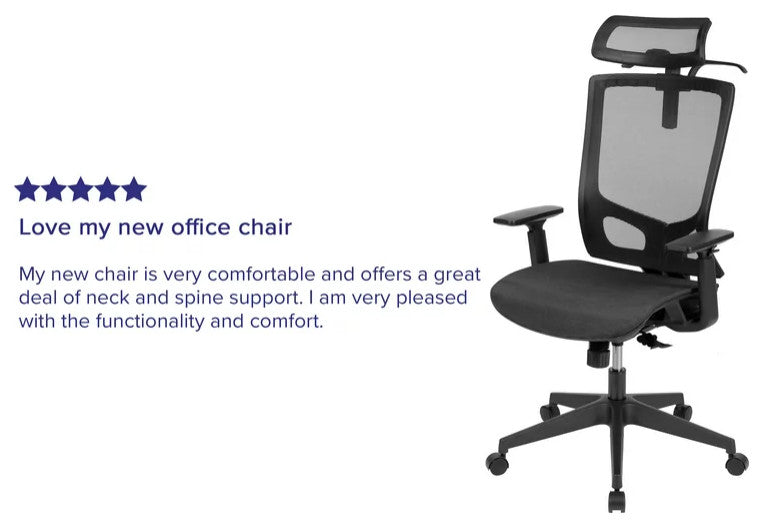 Ergonomic Office Chair, Curved Seat With Adjustable Arms & Headrest, Black