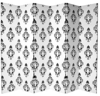 6' Tall Double Sided Black and White Damask Canvas Room Divider 6 Panel
