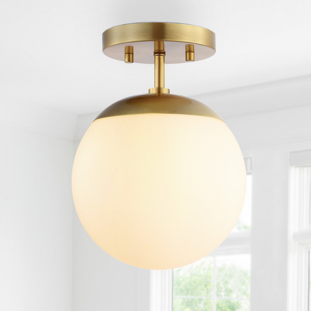 Marcel Bistro 7.75" 1-Light Bohemian Farmhouse LED Semi Flush Mount, Brass/White