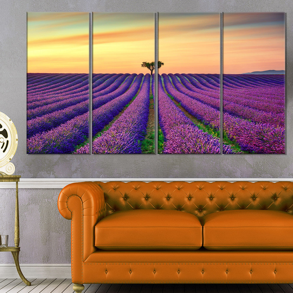 "Lavender Flower Rows in Provence" Landscape Wall Art Print, 4 Panels, 48"x28"
