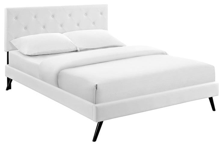 Terisa Full Vinyl Platform Bed With Round Splayed Legs, White