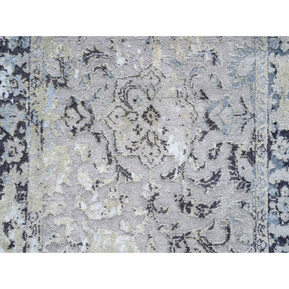 Gray, Hand Knotted Broken Kashan Design, Wool With Silk, Runner Rug, 2'6"x6'1"