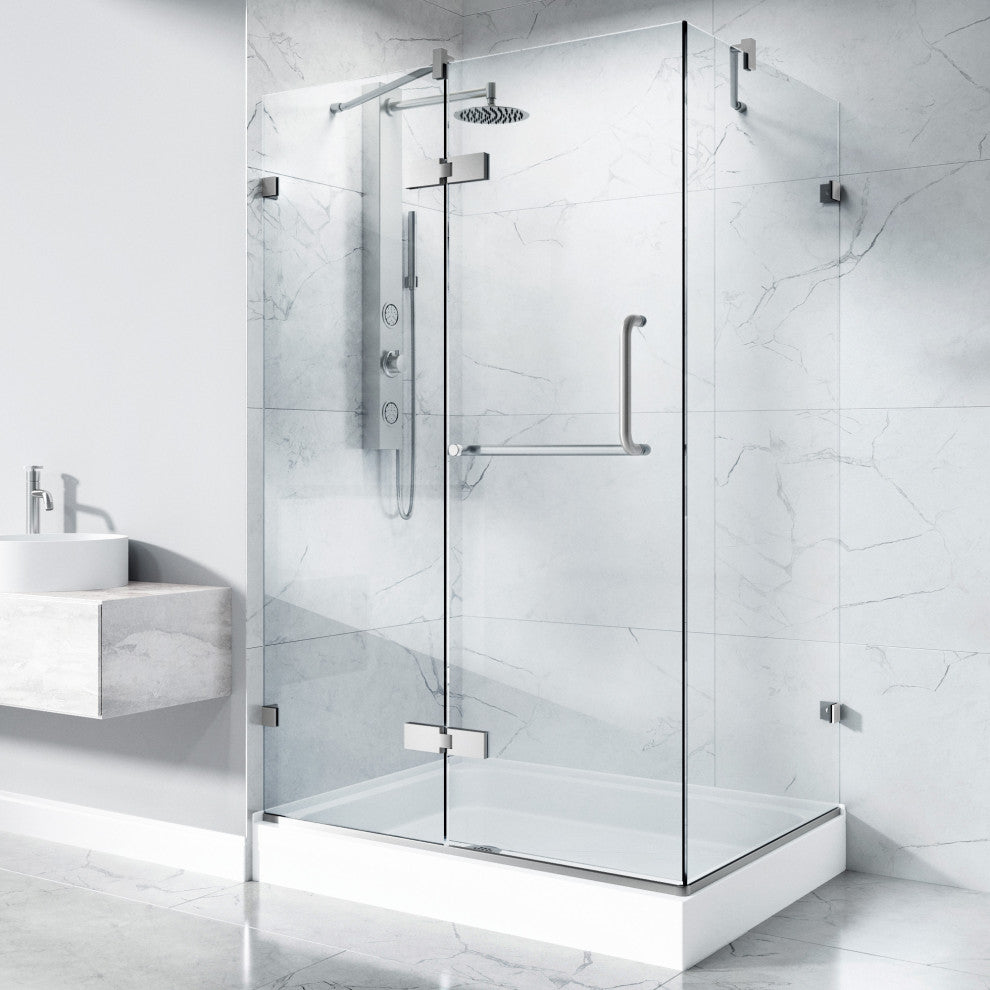 VIGO Monteray 36"D x 48"W x 79"H Frameless Hinged Shower Enclosure, Brushed Nickel, Left Base