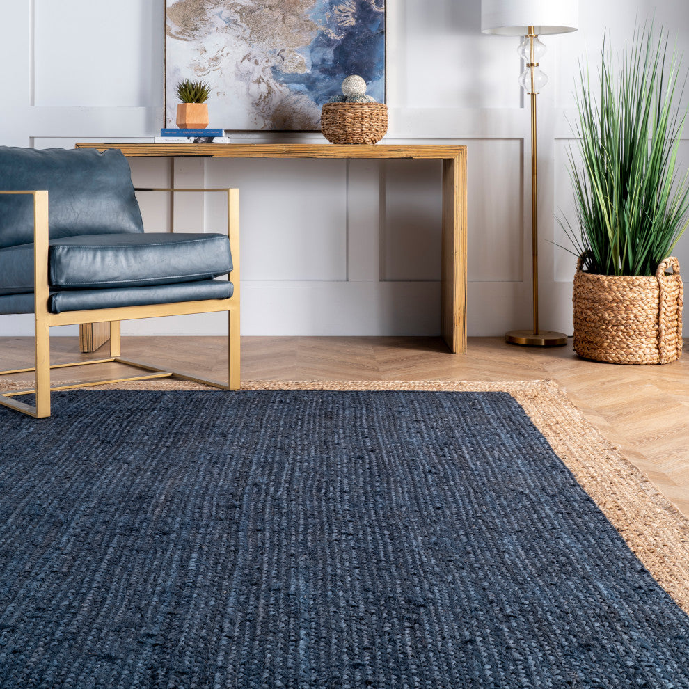 Jute Simple Border Area Rug, Blue, 6'' Round