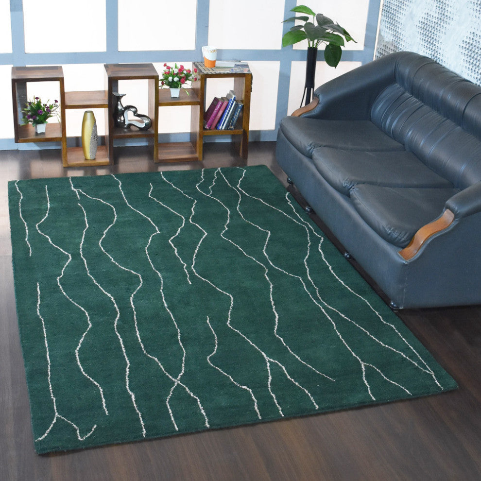 HAND KNOTTED LOOM SILK AREA RUGS-8'x10',Rectangle,Dark Green White,Contemporary