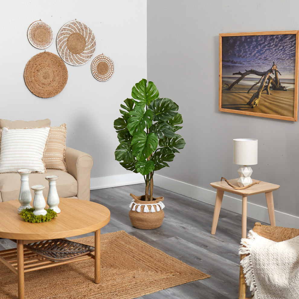 4' Monstera Faux Tree, Boho Handmade Natural Cotton Woven Planter W/Tassels