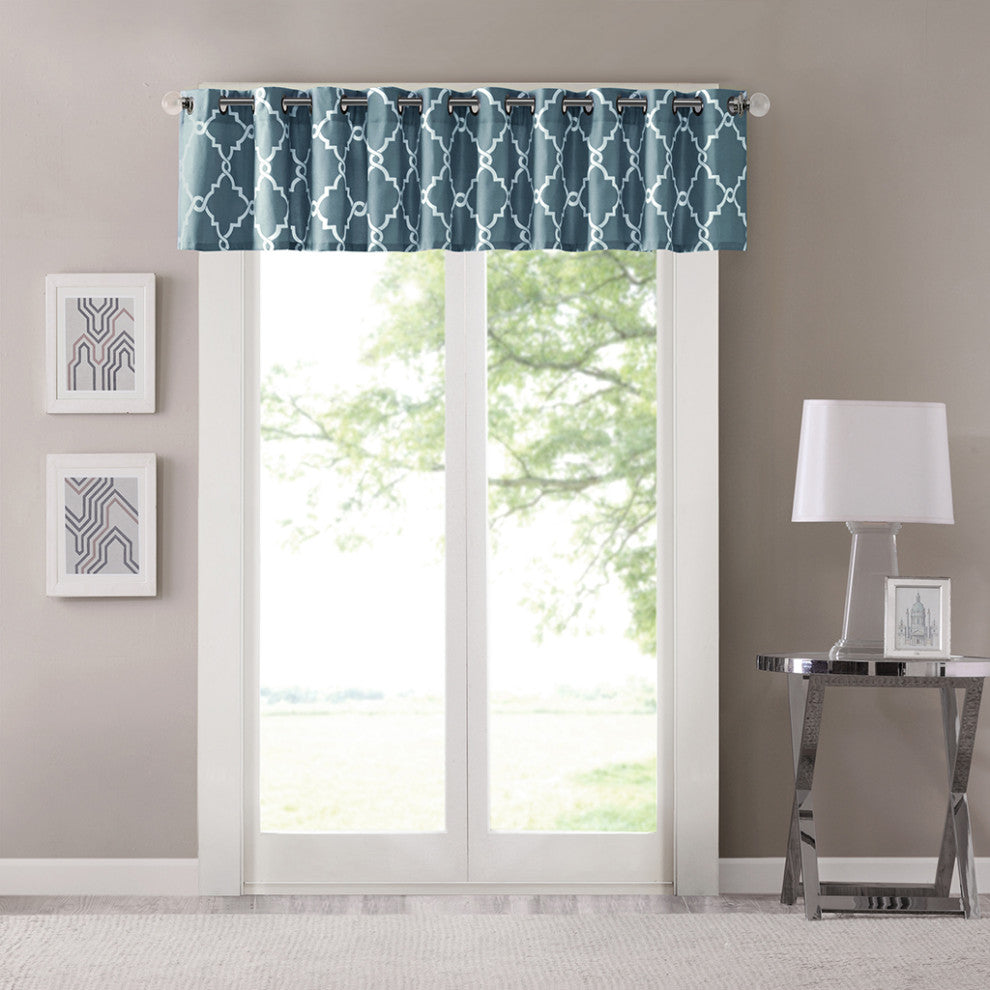 Madison Park Saratoga Fretwork Print Grommet Top Window Valance, Blue