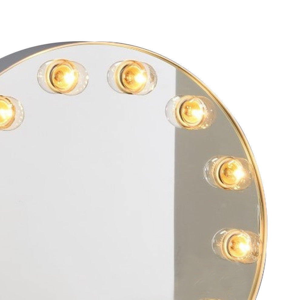 Benzara BM274655 Round Accent Mirror With 10 Bulb Sockets & Glass Panel, Silver