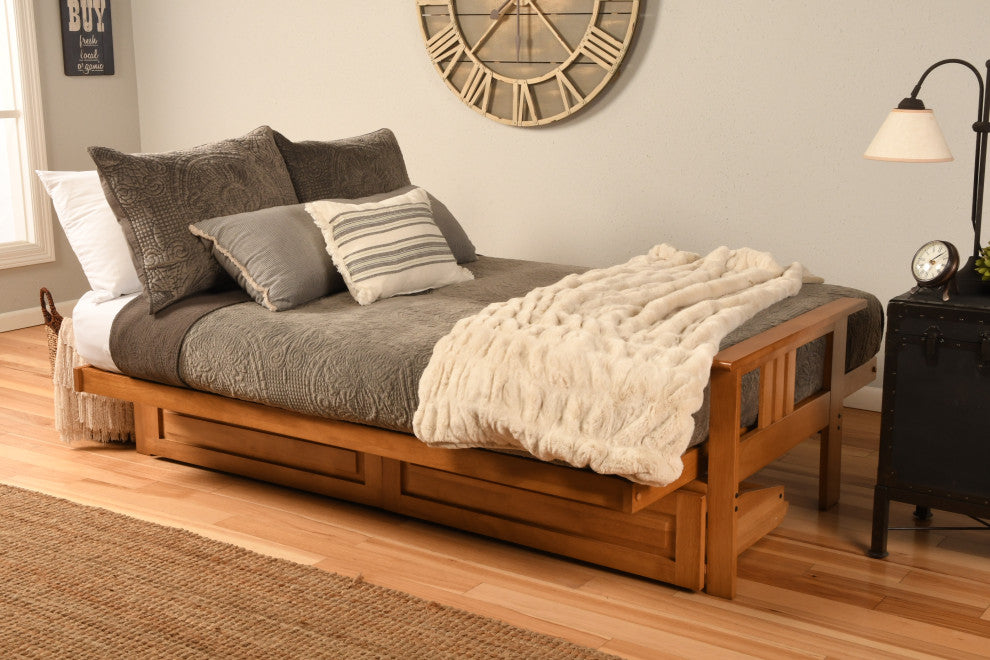 Caleb Frame Futon With Butternut Finish, Storage Drawers, Suede Black