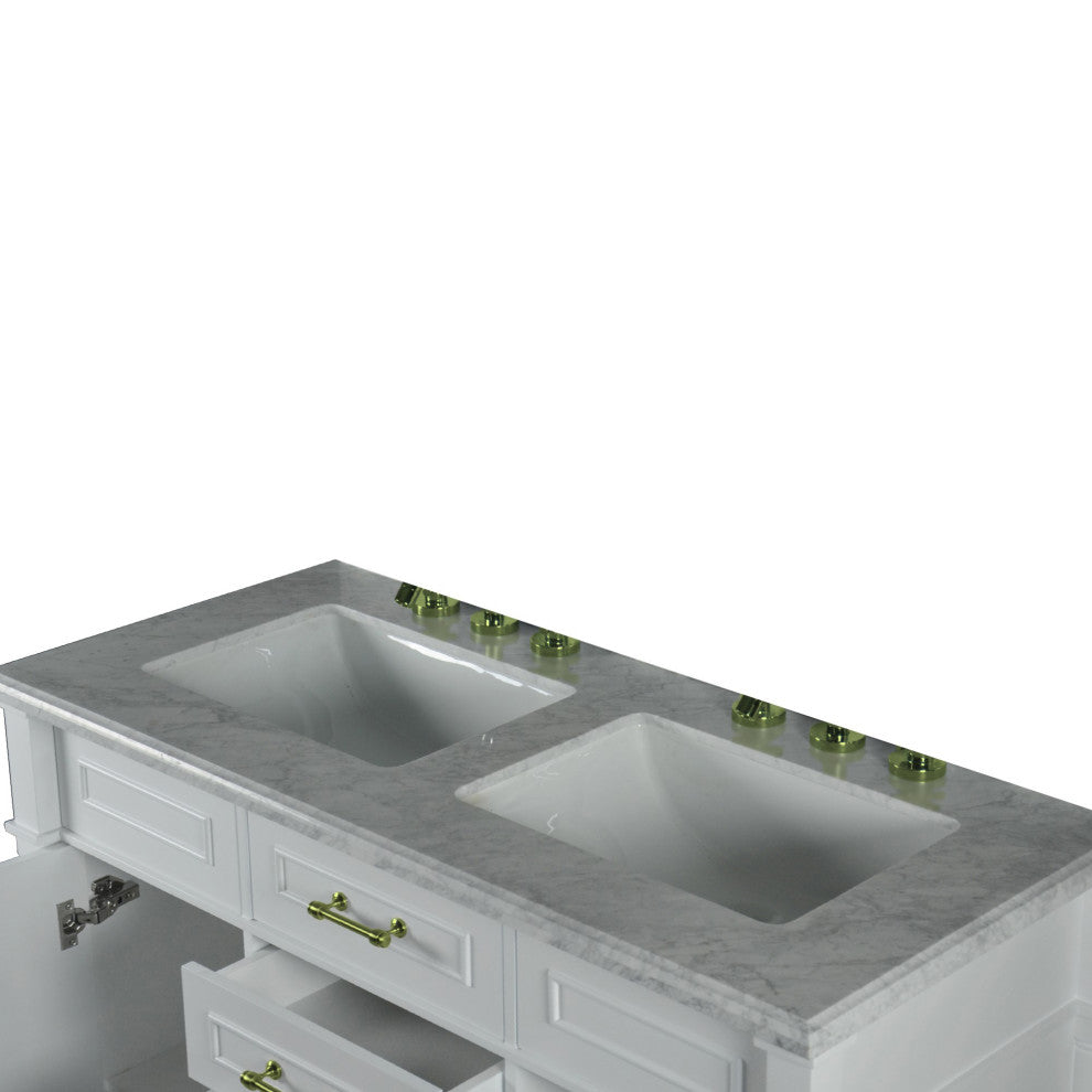 48" Double Vanity, White With White Carrara Marble Top