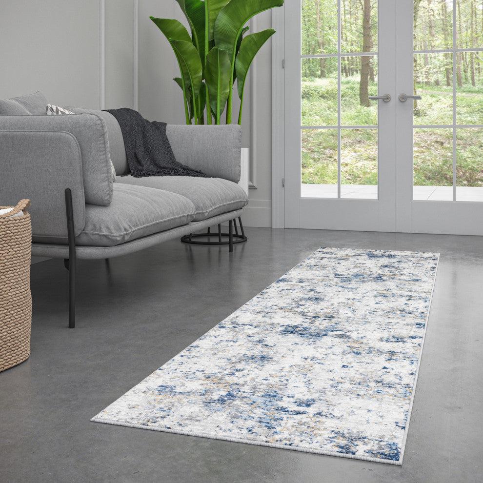Ramiro Contemporary Abstract Indigo & Gray Runner Rug, 2''x7''