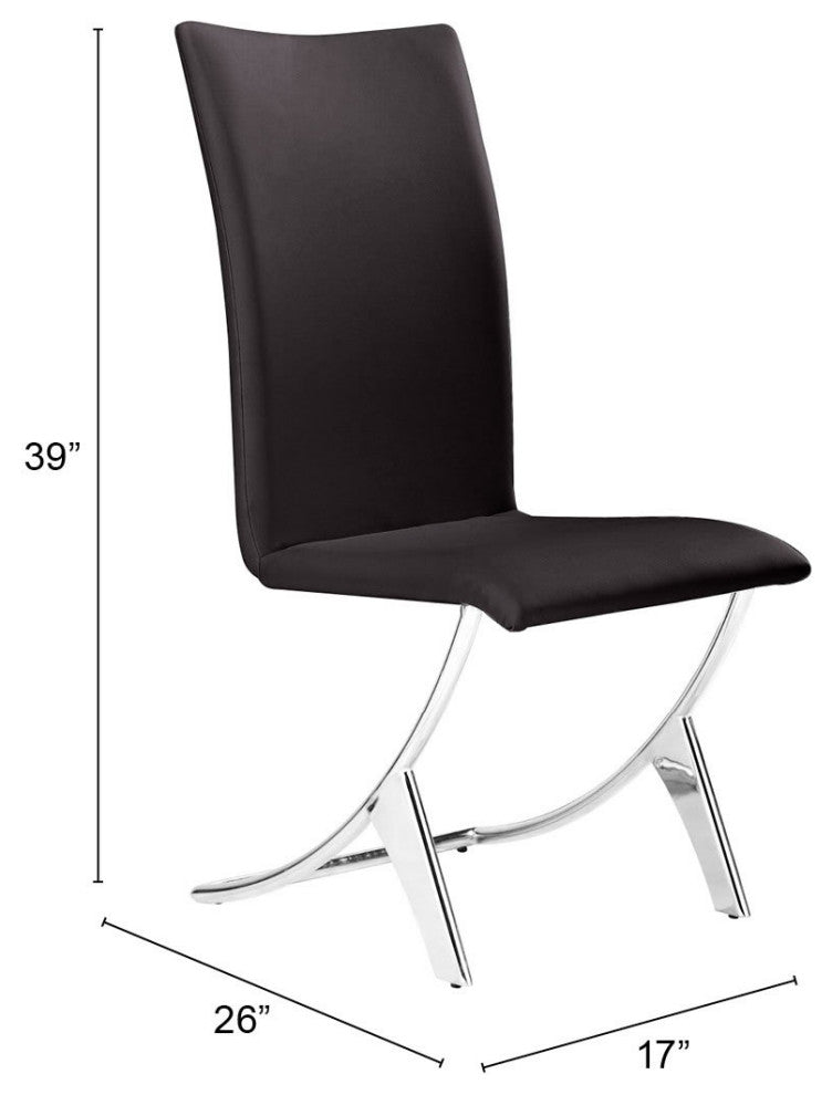 Dining Chair, Set of 2, Faux Vinyl Leather, Steel, Brown Black, Chrome, Cafe