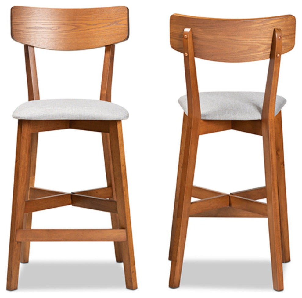 Gray Fabric Upholstered and Walnut Brown Finished Wood Counter Stool, Set of 2