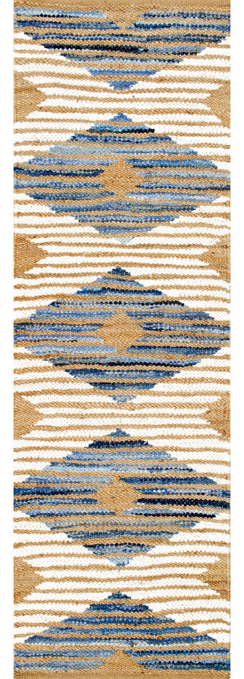 Nuloom Hand Braided Denim and Jute Striped Diamonds Area Rug, Off White 2'6"x8'