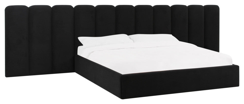 Palani Black Velvet Queen Bed with Wings - Black