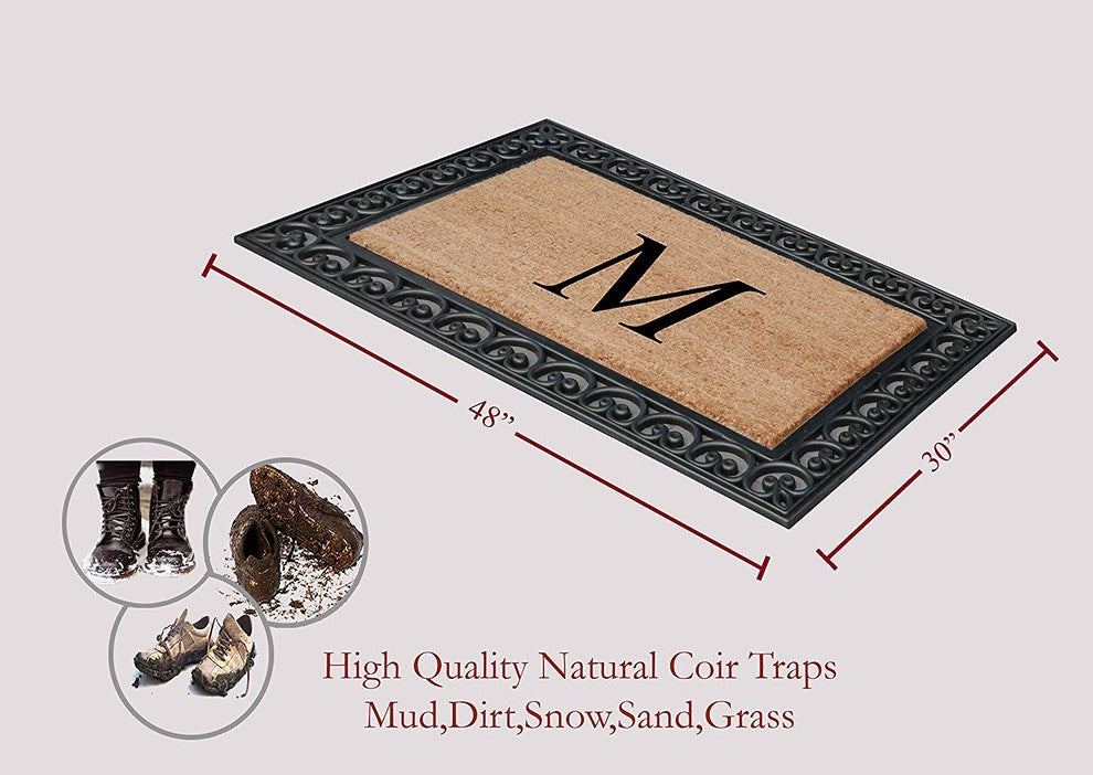 A1HC Black Rubber and Coir Paisley Border Monogrammed Double Doormat, 30"X48", M