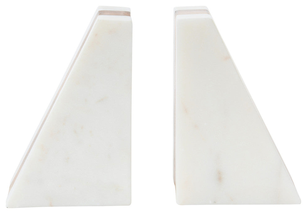 Marble Geometric Bookends with Wood Inlay, White