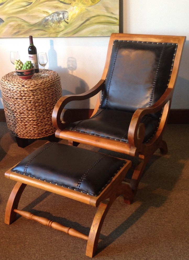 Teak Wood And Leather Bahama Lazy Chair With Ottoman