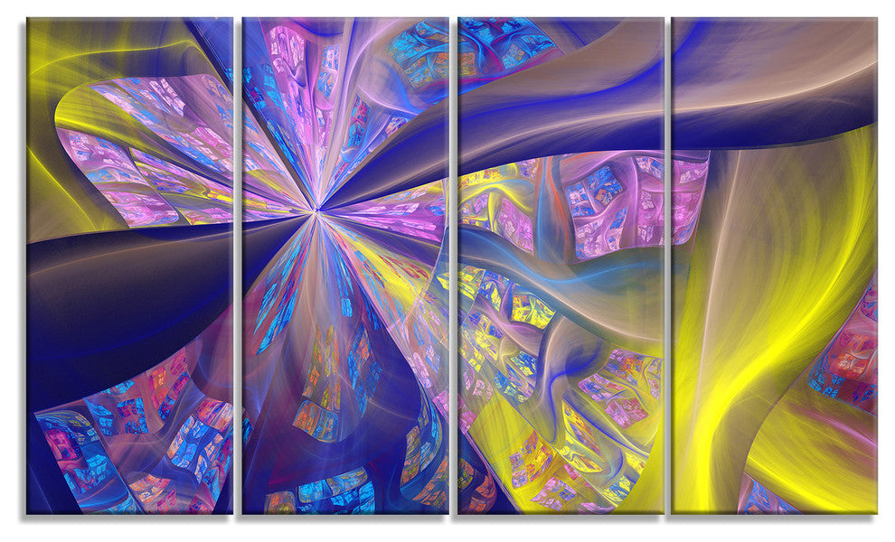 Purple Yellow Fractal Curves, Abstract Canvas Art Print, 48"x28", 4 Panels